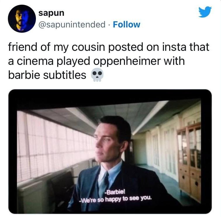 Настоящий «Барбигеймер»: Кинотеатр случайно показал «Оппенгеймера» с субтитрами «Барби»