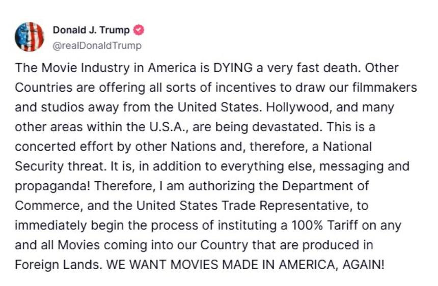 Президент Трамп хочет ввести стопроцентные пошлины на фильмы, произведенные за пределами США